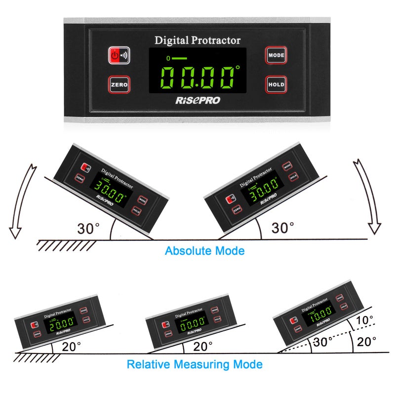 RISEPRO Inclinometer, RISEPROÂ® Digital Protractor Angle Finder Level Inclinometer Magnetic V-Groove 0~360 degree with Backlight 82413B - Image 5
